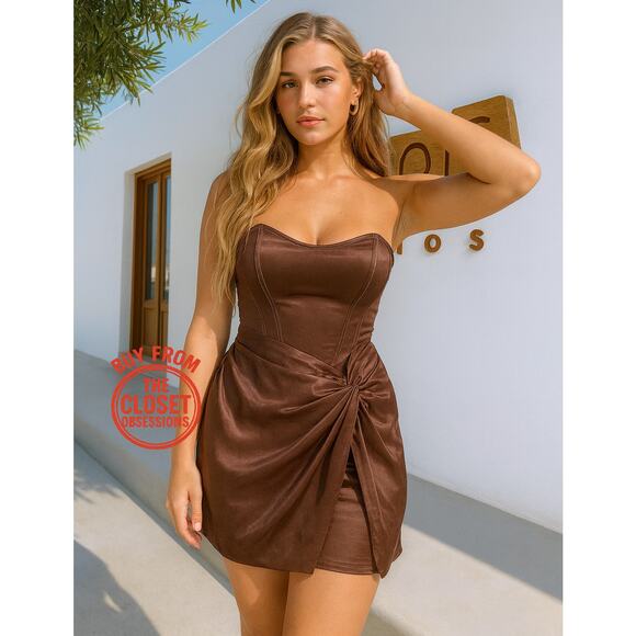 ZARA Strapless Satin Short Dress NWT Brown Size L - Picture 2 of 16